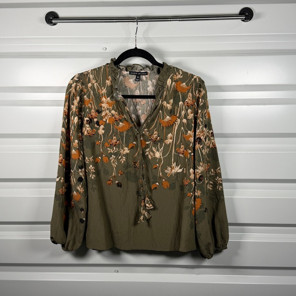 Como Black Olive Green Floral Ruffle V-Neck Balloon Sleeve Blouse Medium